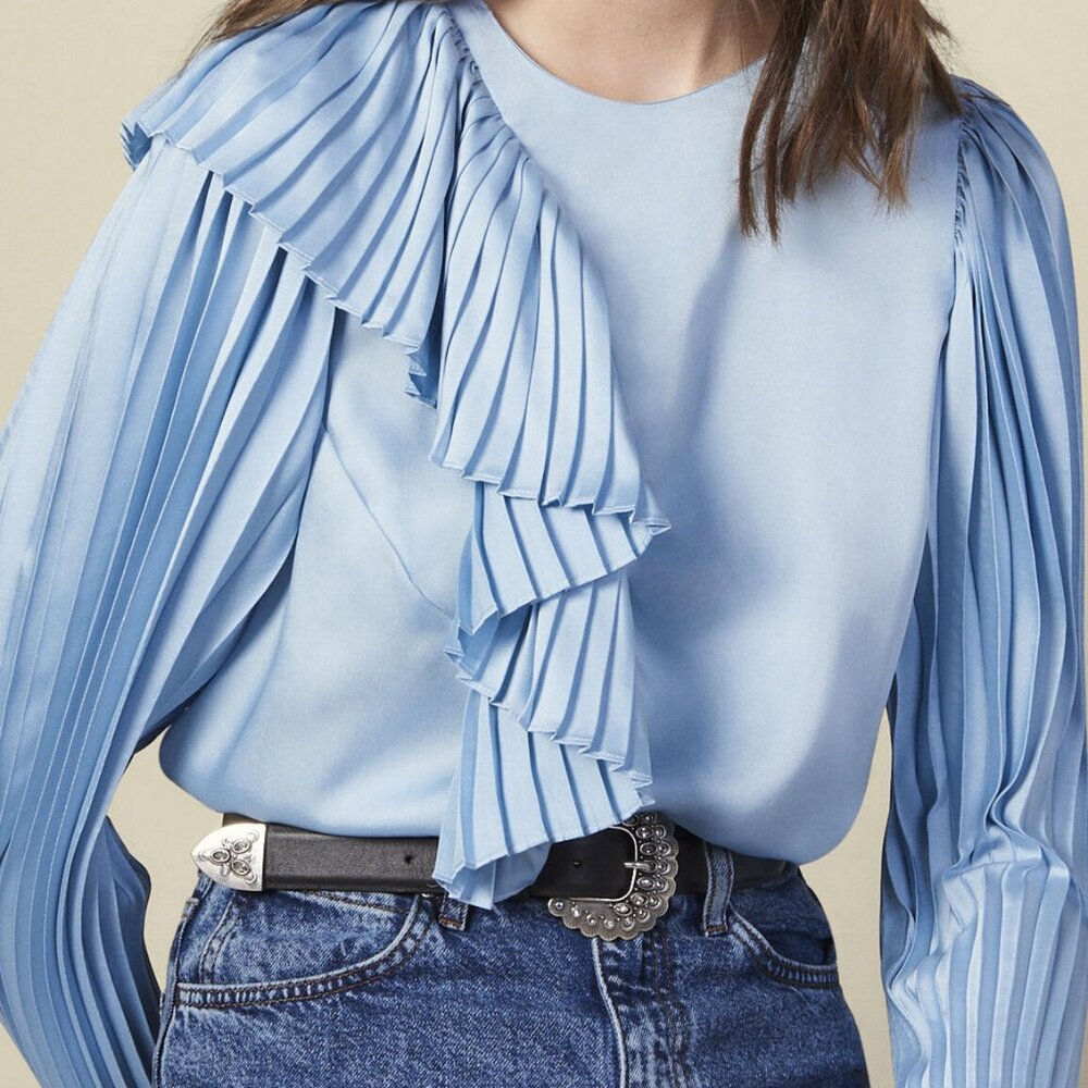 Sandro Blue Pleated Blouse Top